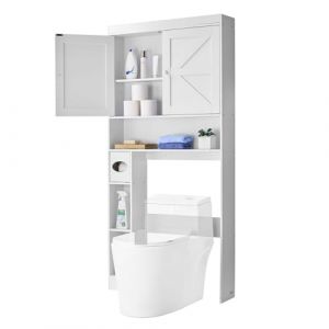 VEVOR Meuble de Rangement WC Hauteur 171,3 cm, Rangement au Dessus des Toilettes ou Machine &agrave; Laver, avec Double Porte et &Eacute;tag&egrave;re R&eacute;glable Ouverte, Armoire de Salle de Bain Gain de Place, Blanc