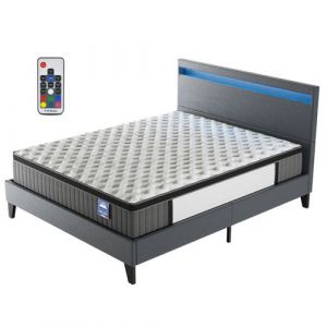 Ensemble 140x190cm-Matelas ressorts ensach&eacute;s et M&eacute;moire de forme + Lit avec T&ecirc;te de lit LED et sommier &agrave; lattes, Matelas 30cm d&rsquo;&eacute;paisseur