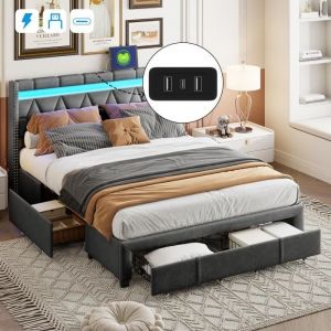 Lit double 140x200cm - lit adulte avec 3 tiroirs, sommier à lattes et tête de lit led avec port charge - lin gris