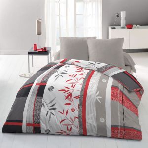 Image de Parure de couette Microfibre JAPANESE BAMBOO 1 housse de couette 220x240 cm + 2 taies 63x63 cm Gris et Rouge