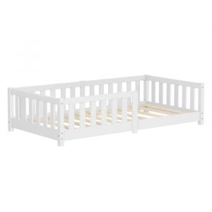 Image de Lit au sol enfant ML-Design 80x160 cm en pin massif blanc sommier à lattes et antichute Montessori