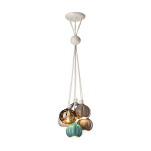Suspension 6 lampes en verre et céramique gris, marron et turquoise 13x14cm Afoxé - F