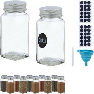 Image de Relaxdays Lot de 12 pots à épices, avec entonnoir, verres à condiments, avec étiquettes, 120 ml, verre, transparent