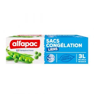 Alfapac Réutilisable 40 sacs congélation à lien - Moyen modèle - Ouverture large - Écoresponsable - Transparent - Fabriqué en France