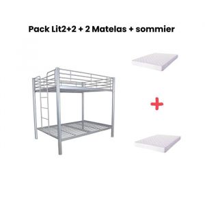 Pack lit Superposé 4 Places 2+2 Colosse Gris 140x190 Cm + Matelas Sommier Inclus