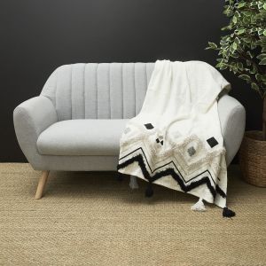 Toilinux - Jeté de canapé surpiqué avec Pompons - Longueur 130 cm x Largeur 170 cm - Noir, Blanc et Gris