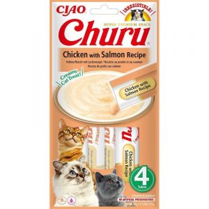 INABA Churu - Friandises pour Chats en Purée au Thon & Saumon - Délicieux Snacks pour Félins - Texture Lisse et Onctueuse - Nourriture pour Chats - 4 Tubes x 14g