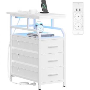 Table d'appoint avec Multiprise, Table de Chevet avec Lumi&egrave;re LED, Tables de Nuit avec 3 Tiroirs, 2 Prises CA et 2 Ports USB, pour Salon, Chambre