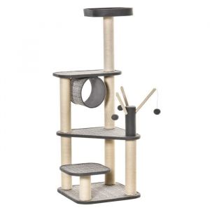Pawhut Arbre à chats multi-équipements H130 cm griffoirs grattoirs plateformes tunnel jeu boules suspendues polyester gris 49x49x130cm Gris