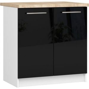 Meuble de cuisine bas armoire de cuisine AKORD S80 OLIWIA modulable Blanc 80 cm 2 portes fa&ccedil;ade Noir Brillant 2 &eacute;tag&egrave;res 80x46x85 cm