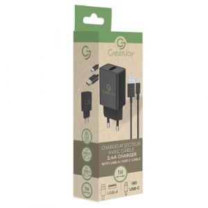 Embout Secteur USB avec Cable Charge et Data Type C 2,4A 1m Noir