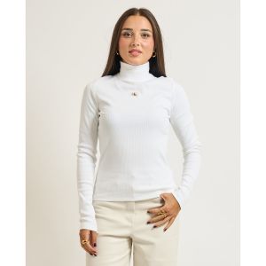 Calvin Klein T-Shirt Manches Longues Femme Woven Turtlene avec Col Roul&eacute;, Blanc (Brilliant White), XL