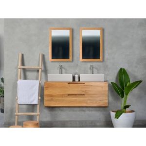 Meuble de salle de bain suspendu en teck clair avec double vasque 2 tiroirs 115 cm BIMBING