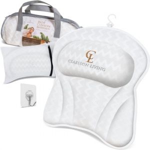 Image de Coussin de bain Claessonliving (41x41cm) - Coussin de bain avec appui-tête pour le cou, le dos et la tête - Coussin de cou avec 6 ventouses pour la fixation - Coussins de bain livrés avec sac de lavage et de transport - Blanc