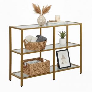 Relaxdays Console H x L x P : 73 x 100 x 30 cm métal/Verre, étroite pour l’entrée, 3 étagères, dorée