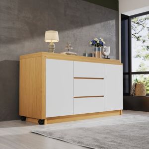 Bureau d'angle 120x50x76.5 cm - Plateau pivotant à 360° - 3 tiroirs et 2 portes - Avec roulettes - Naturel + Blanc