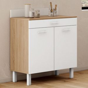 Idmarket Buffet bas de cuisine 80 cm CINA plan de travail H.83 cm 2 portes + tiroir fa&ccedil;on h&ecirc;tre et blanc