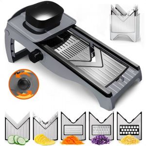 Goliving Mandoline Coupe légumes - 35 x 8cm - Coupe cuisine avec 5 lames - Coupe oignon - Râpe à fromage - Mandolines - Coupe spirale - Râpe - Acier inoxydable