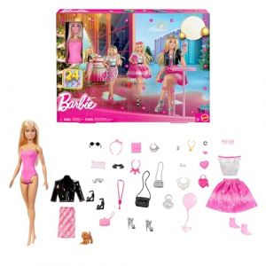 Mattel Calendrier de l’Avent avec 24 vêtements et Accessoires, Dont Une Veste, Une Jupe, des Chaussures, des Sacs à Main et Un Chiot, poupée Blonde, JFL63