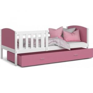 Lit Enfant Tami 90x190 (Sans Matelas ) Blanc - rose Livré avec le sommiers et tiroir. - Blanc - rose