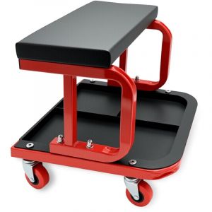Relaxdays Tabouret d'atelier avec étagère, jusqu'à 100 kg, siège rembourré, 4 roulettes, Tabouret de Montage, Noir et Rouge