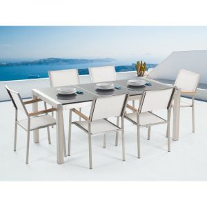 Beliani Table de jardin en plateau granit gris poli 180 cm et 6 chaises blanches GROSSETO