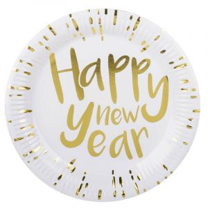 6 iettes en carton Happy New Year blanc s et dorées 23 cm