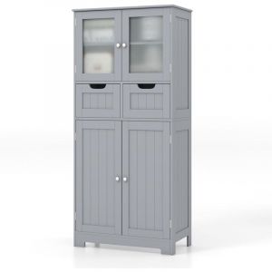 Meuble de Salle de Bain &agrave; 4 Portes 2 Tiroirs, Colonne Salle de Bain Armoire Haute avec &Eacute;tag&egrave;res R&eacute;glables pour Salon, Cuisine, 30 x 60 x 128 cm, Gris
