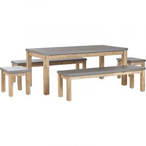 Beliani Set de jardin 8 places table avec 2 bancs et 2 tabourets gris en fibre-ciment et bois OSTUNI - gris