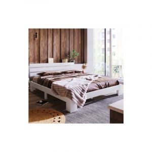 Lit double en bois avec tête de lit, sommier à lattes 200x140, bois massif en pin, Blanc