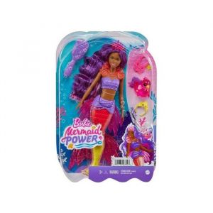 Mattel Coffret poupee mannequin sirene mermaid power cheveux violet + oiseau + 3 accessoires - set poupée + 1 carte offerte