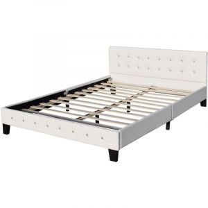 Lit 140x200 avec Sommier - T&ecirc;te de Lit Capitonn&eacute;e Blanc - Pieds de 10 cm - 13 Lattes - Rev&ecirc;tement PVC Simili - Montage Rapide - Confort Optimal - Design &Eacute;l&eacute;gant - LIT EMILIE BLANC