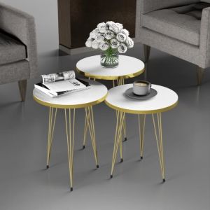 Set de 3 tables d'appoint Ry rondes gigognes blanc or