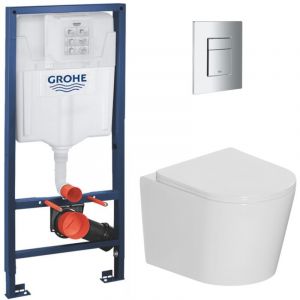 Grohe Pack WC bâti-support Rapid SL + WC suspendu sans bride + abattant SoftClose + plaque chrome, blanc (RAPIDSL-CETOR)