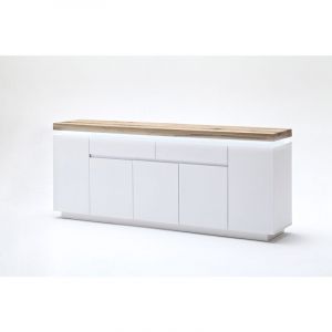 Pegane Buffet LED laqué blanc mat avec plateau en chêne noueux huilé - L200 x H81 x P40 cm