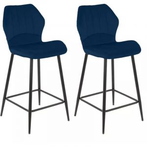 Lot 2 tabourets de bar en velours bleu foncé pieds métal noir - emilio