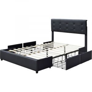 Chloe Solide et Confortable Lit 140x200 avec Sommier avec 4 tiroirs+Tete de lit Couleur NOIR