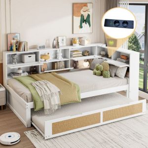 Modfu - Lit enfant 140x200cm, sans matelas, pin, lit double, blanc
