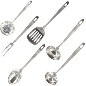 Fackelmann 9990650 Ensemble d'ustensiles de cuisine 6 pièces, écumoire, fourchette, pelle à servir, cuillères, louche, Acier inoxydable, De 28 à 32 cm