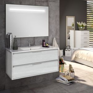 Meuble de salle de bain simple vasque - 2 tiroirs - hibernian (bois blanchi) - iris et miroir Led stam - 100cm