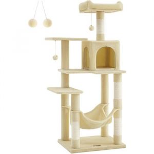 Arbre À Chat Hauteur 143 Cm, Avec 4 Poteaux À Griffer, 2 Plateformes, 1 Niche, 1 Hamac, 2 Pompons, En Tissu Peluche, Multi-Niveaux, Beige
