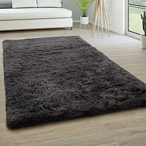 Tapis De Salon Poils Longs Fausse Fourrure Shaggy Moelleux Monochrome 80x150 cm, Anthracite - Paco Home