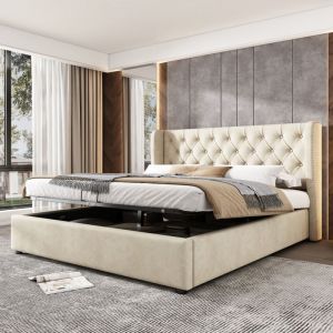 Modernluxe - Lit coffre capitonné en velours 140x190cm avec sommier à lattes - Beige
