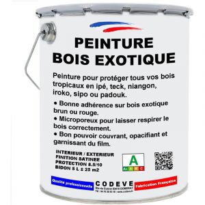 Codève Bois - Peinture Bois Exotique - 5 l - Codeve Bois - ral 9010 - Blanc pur - Pour La Protection De Votre Bois Tropical En Ipé, Teck, Iroko, Sipo.