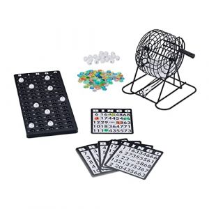 Relaxdays Bingo, boulier, 75 Boules, 18 grilles, 150 jetons, Plateau de Jeu, pour Petits et Grands, Multicolore