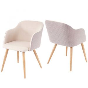 D&eacute;coshop26 Lot de 2 chaises de salle &agrave; manger design r&eacute;tro accoudoirs tissu/textile cr&egrave;me-beige 040000363