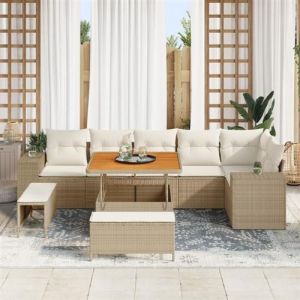 VidaXL Ensemble de canap&eacute; de jardin avec coussin 9 pcs Beige polyrotin, Canap&eacute; d'ext&eacute;rieur modulaire, bois d'acacia l&eacute;ger, 3362016
