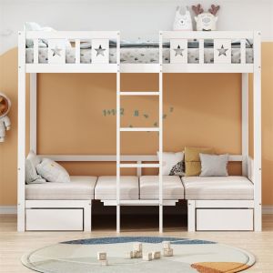 Lit superposé 90x200cm - lit/bureau 2 en 1, auto-rembourré, avec 2 tiroirs, échelle - lit pour enfant en bois - blanc