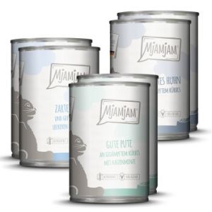 MjAMjAM - nourriture humide premium pour chats - emballage mixte II - gibier & lapin, dinde, canard & volaille, pack de 6 (6 x 400 g), sans céréales avec supplément de viande