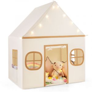 Tente de Jeux Enfant avec 4 Fenêtres et Guirlandes Lumineuses Étoiles, Cabane Enfant Interieure avec Tapis Antidérapant, pour 3-10 Ans, Gris + Beige